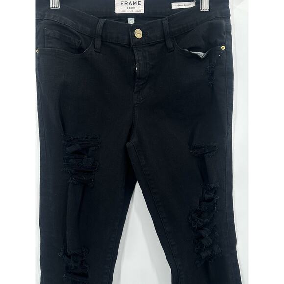Frame Le Skinny de Jeanne Black Jeans 29 Raw Hem Distressed Mid Rise stretch - Picture 3 of 15